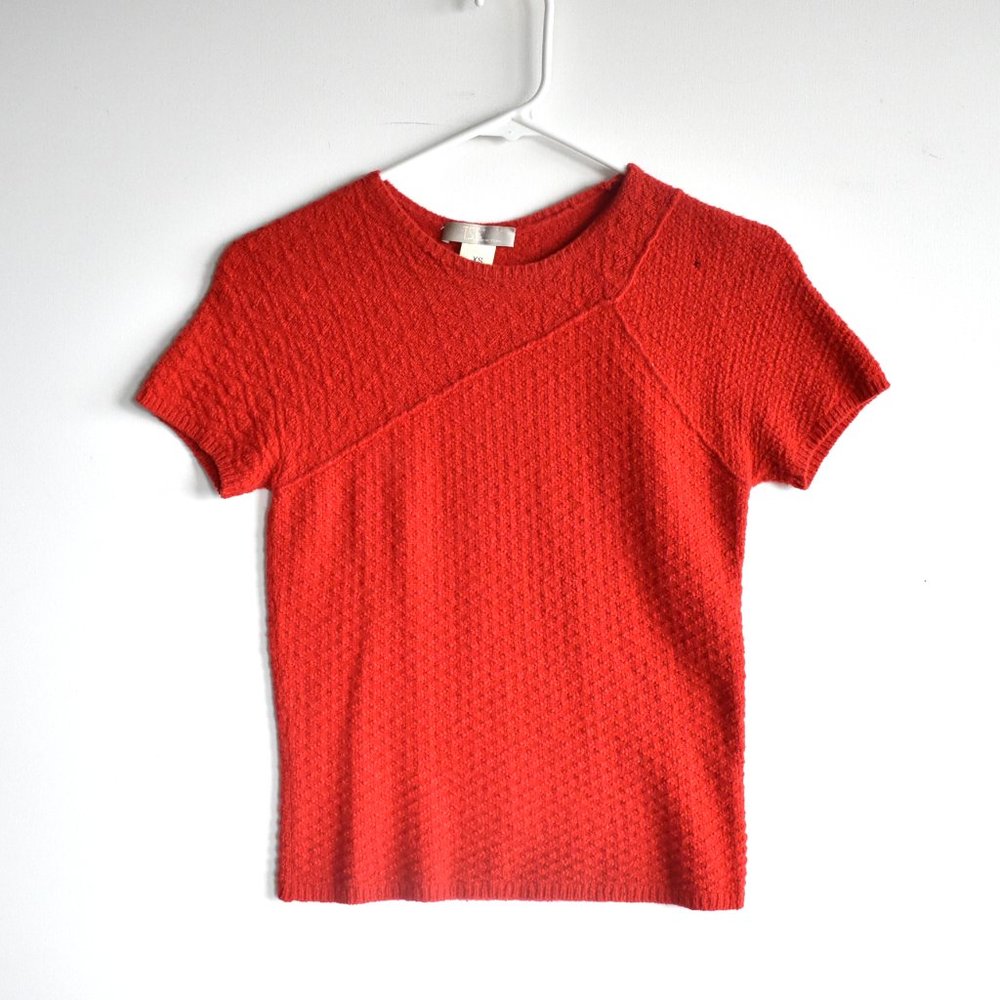 TSE Red-Orange Cashmere Asymmetric Short-Sleeved Sweater XS